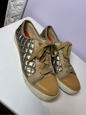 Tory Burch Quilted Metallic Taupe & Tan Lace-Up Casual Designer Sneakers